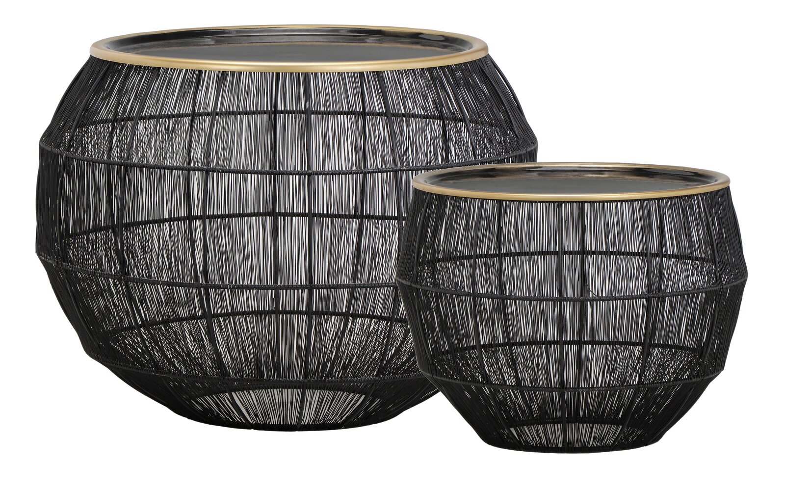 Zwei runde Beistelltische aus schwarzem Drahtgeflecht mit goldenen Rändern, seitliche Perspektive