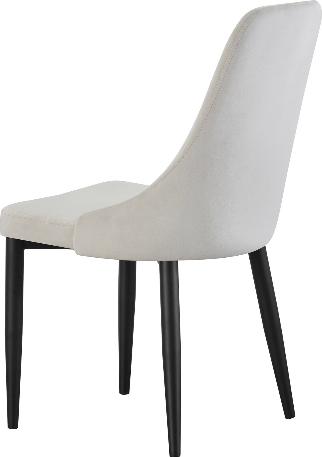 Beiger Polsterstuhl mit hoher Rückenlehne und schwarzen Holzbeinen, Seitenansicht von links auf weißem Hintergrund