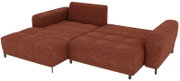 Rostbraunes, gepolstertes Schlafsofa mit gesteppter Liegefläche, Armlehnen links und rechts sowie Rückenlehne, freigestellt auf weißem Hintergrund, Ansicht schräg von vorne/oben.