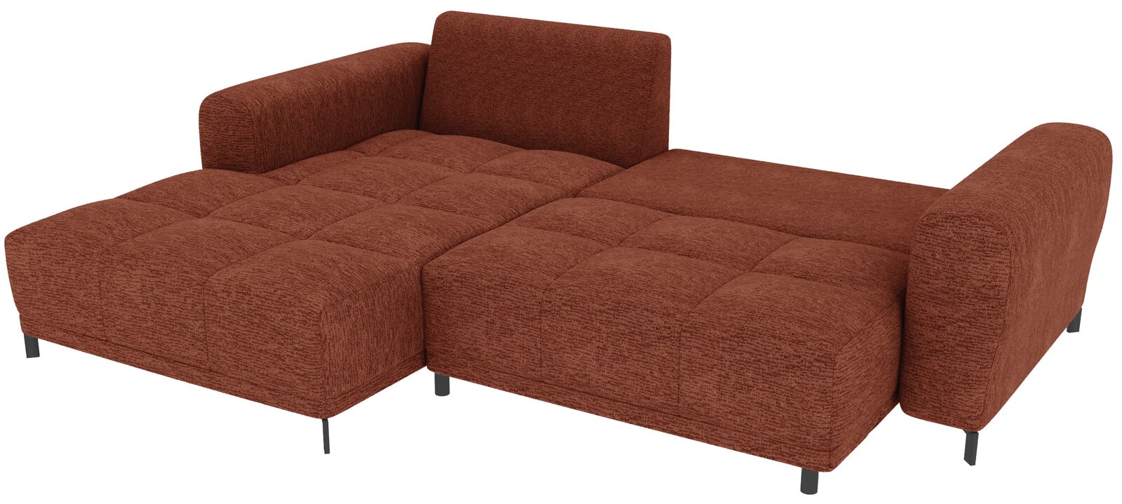 Rostbraunes, gepolstertes Schlafsofa mit gesteppter Liegefläche, Armlehnen links und rechts sowie Rückenlehne, freigestellt auf weißem Hintergrund, Ansicht schräg von vorne/oben.