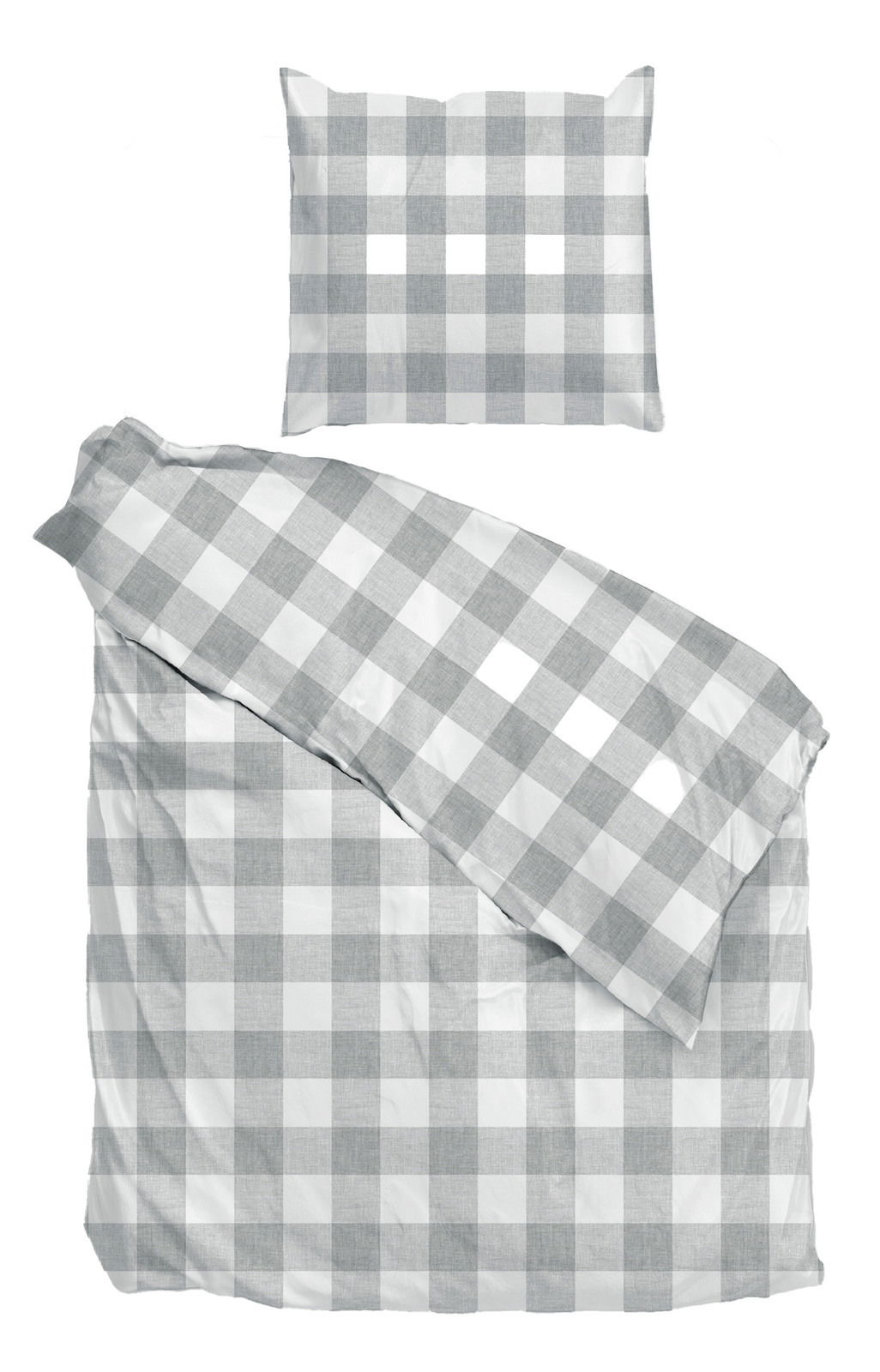 Bettwäsche-Set mit grauem und weißem Karomuster, bestehend aus einem Kissenbezug und einem Bettdeckenbezug, aus der Vogelperspektive fotografiert.