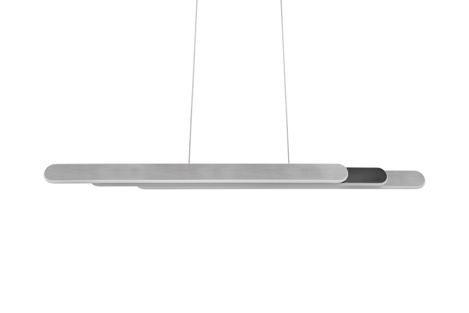 Moderne Pendelleuchte Helios in seitlicher Ansicht mit schlankem, minimalistischem Design und silberner Oberfläche.