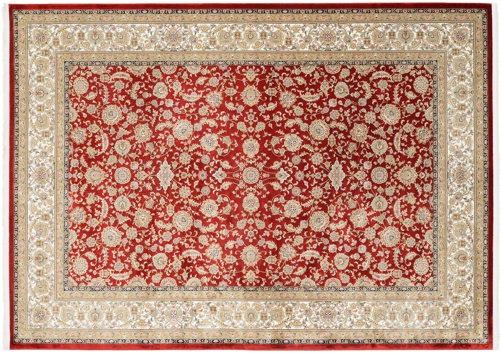 Orientteppich mit rotem Hintergrund und detailliertem floralen Muster, Draufsicht