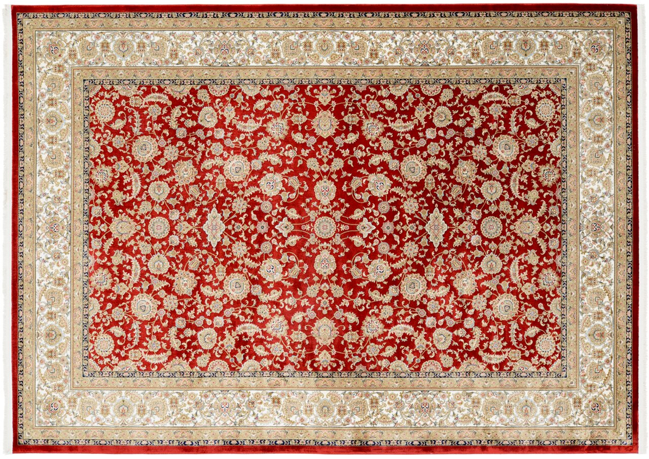 Orientteppich mit rotem Hintergrund und detailliertem floralen Muster, Draufsicht