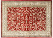 Orientteppich mit rotem Hintergrund und detailliertem floralen Muster, Draufsicht