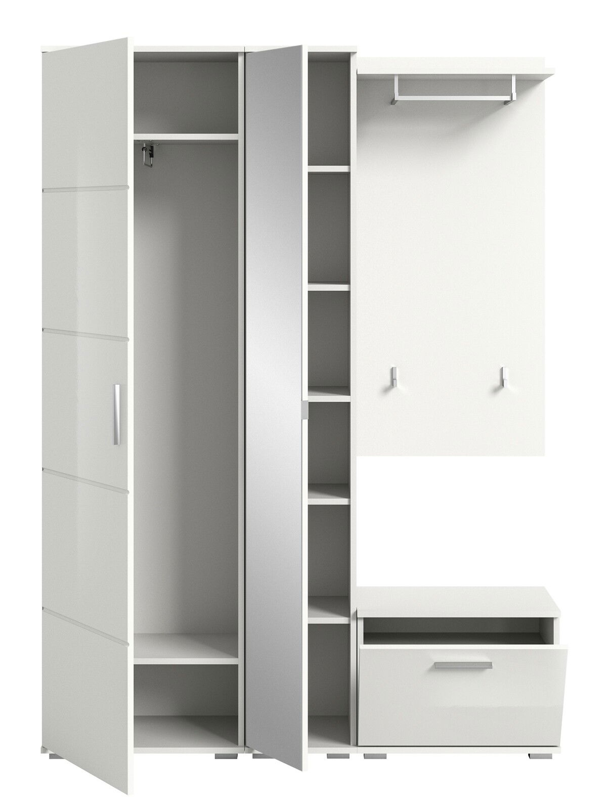 Frontale Ansicht einer weißen Garderobenkombination mit offenen Türen, Regalen und Kleiderstange.