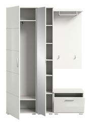 Frontale Ansicht einer weißen Garderobenkombination mit offenen Türen, Regalen und Kleiderstange.