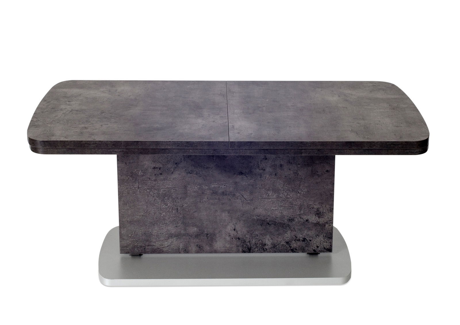 Moderner Couchtisch in Betonoptik, rechteckig mit abgerundeten Ecken, auf einer stabilen Basis, Frontalansicht.