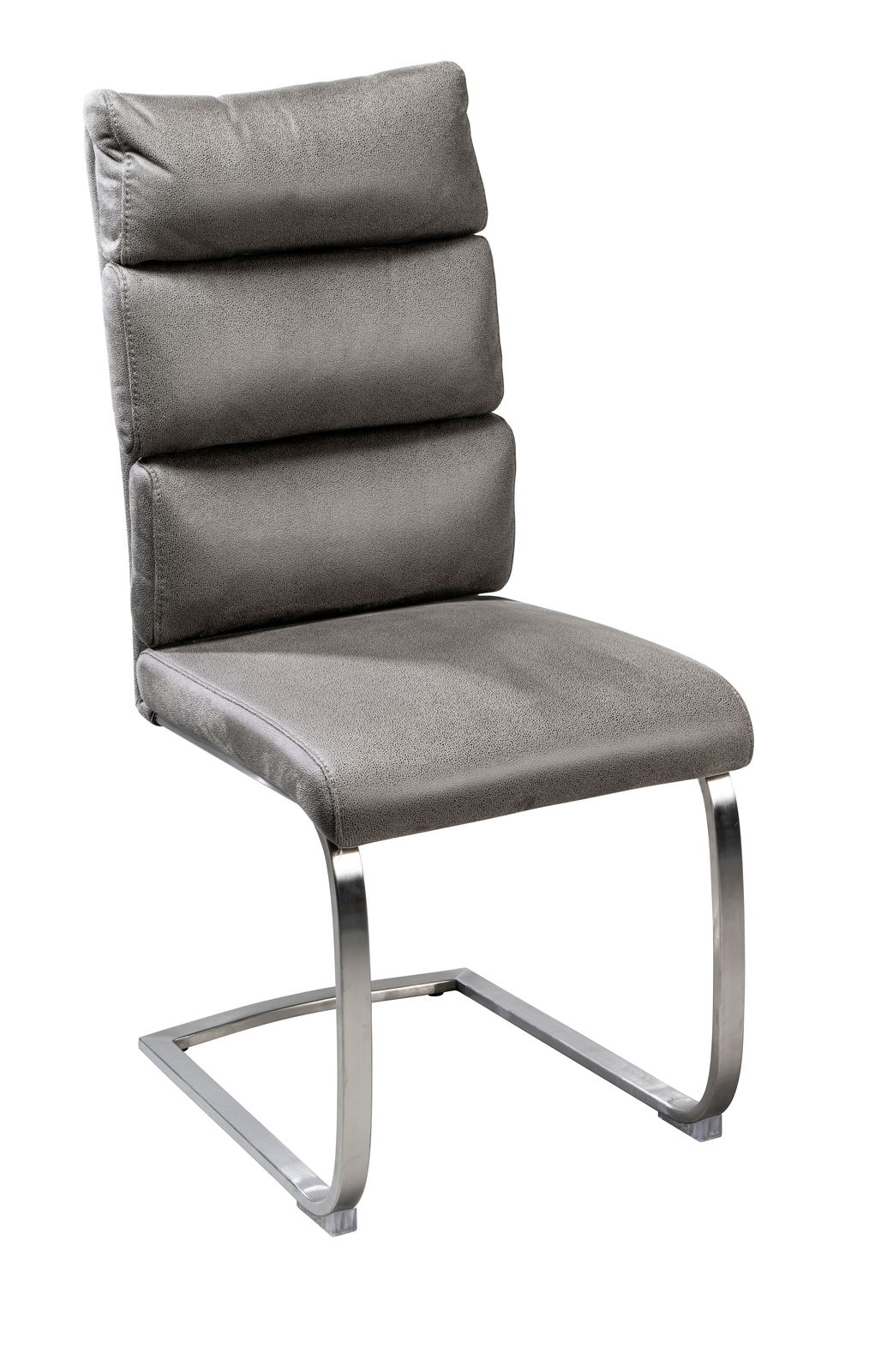 Moderner Freischwinger-Stuhl in Grau mit gepolsterter Rückenlehne und Metallgestell, seitliche Perspektive