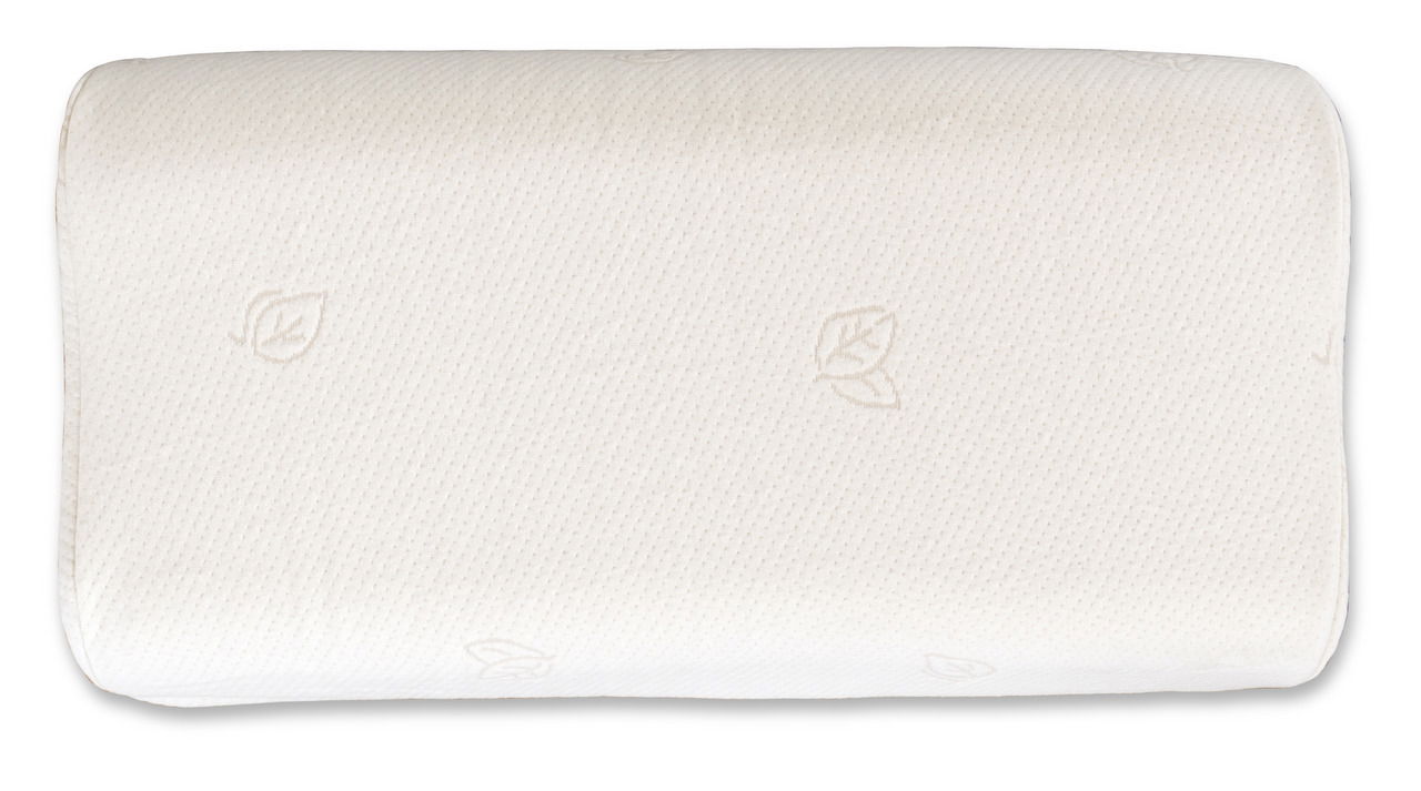 Nackenstützkissen in Draufsicht mit dezentem Blattmuster auf weißem Stoff