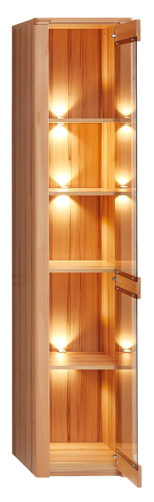 Schmale Vitrine aus Holz mit Glastür und integrierter Beleuchtung, seitliche Perspektive