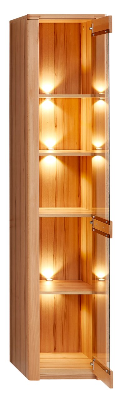 Schmale Vitrine aus Holz mit Glastür und integrierter Beleuchtung, seitliche Perspektive