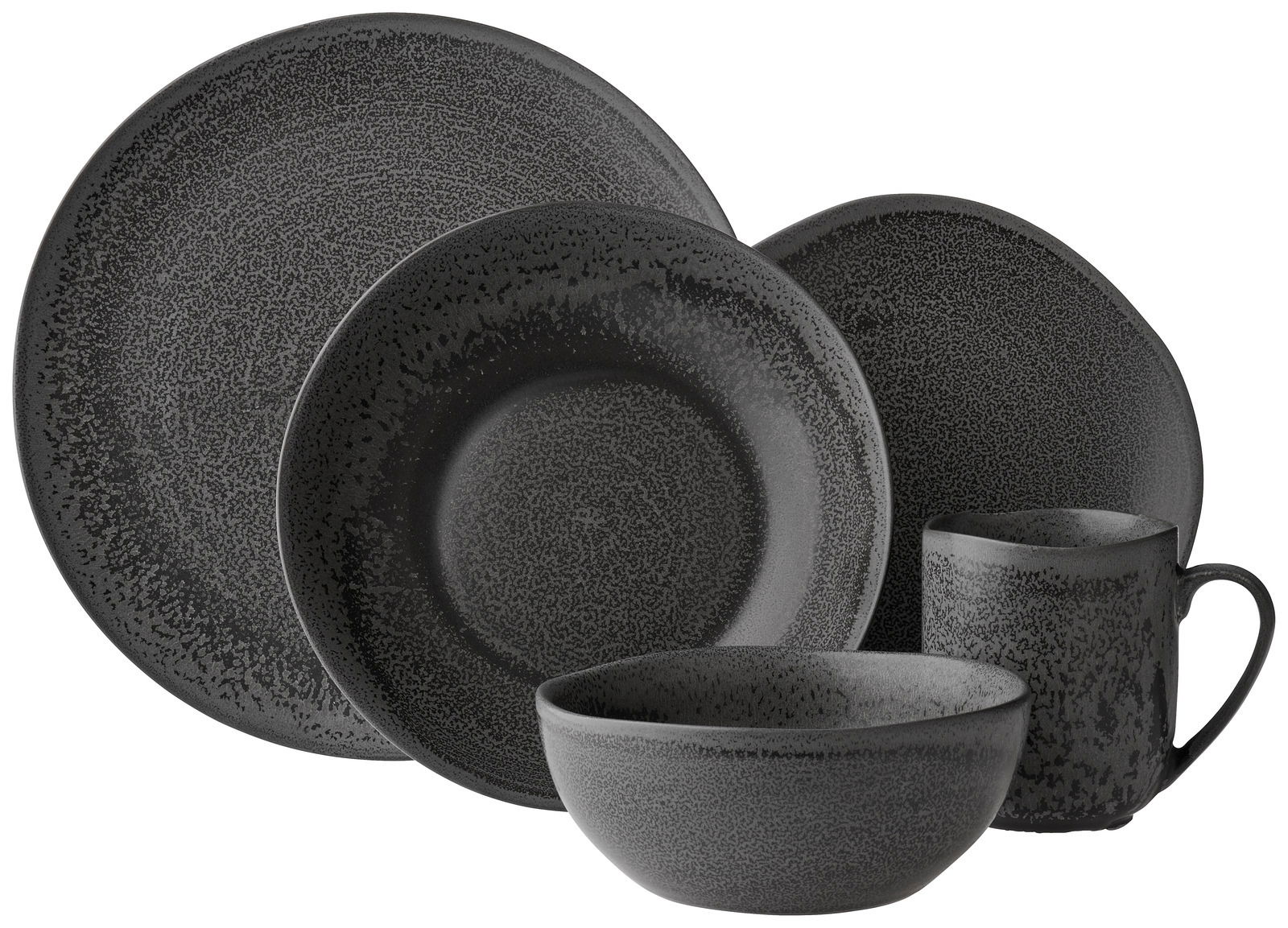 Schwarzes Kombiservice 20-teilig mit Tellern, Schalen und Tasse, Ansicht von vorne.