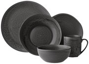 Schwarzes Kombiservice 20-teilig mit Tellern, Schalen und Tasse, Ansicht von vorne.