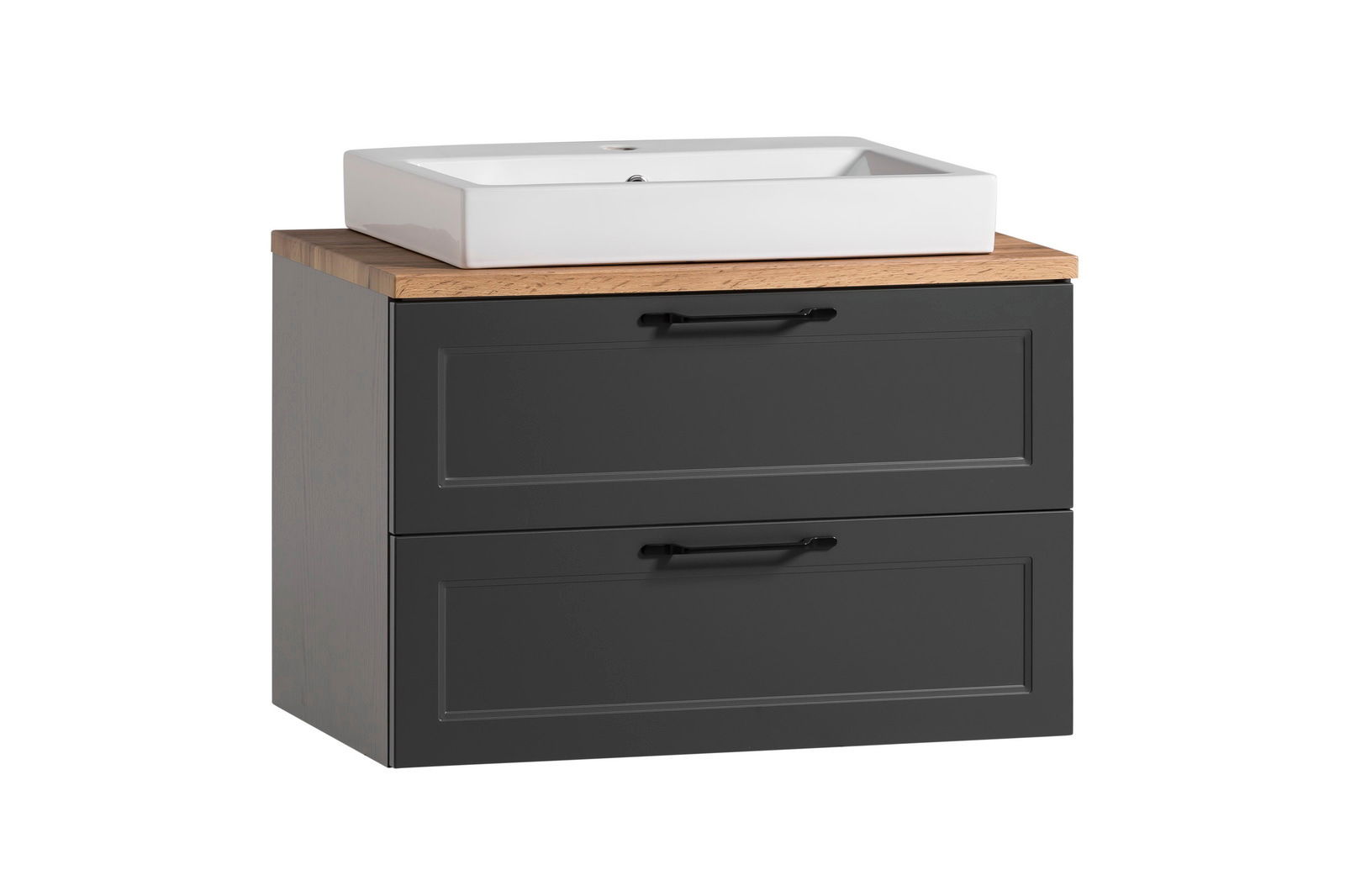 XORA Waschtisch-Set MERAN Waschtisch-Set mit weißem Aufsatzbecken und zwei schwarzen Schubladen, seitliche Perspektive