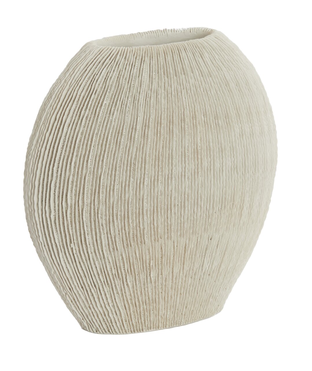 Beige, bauchige Keramikvase mit feiner vertikaler Rillenstruktur und schmaler Öffnung, freigestellt auf weißem Hintergrund, Frontansicht leicht von oben.