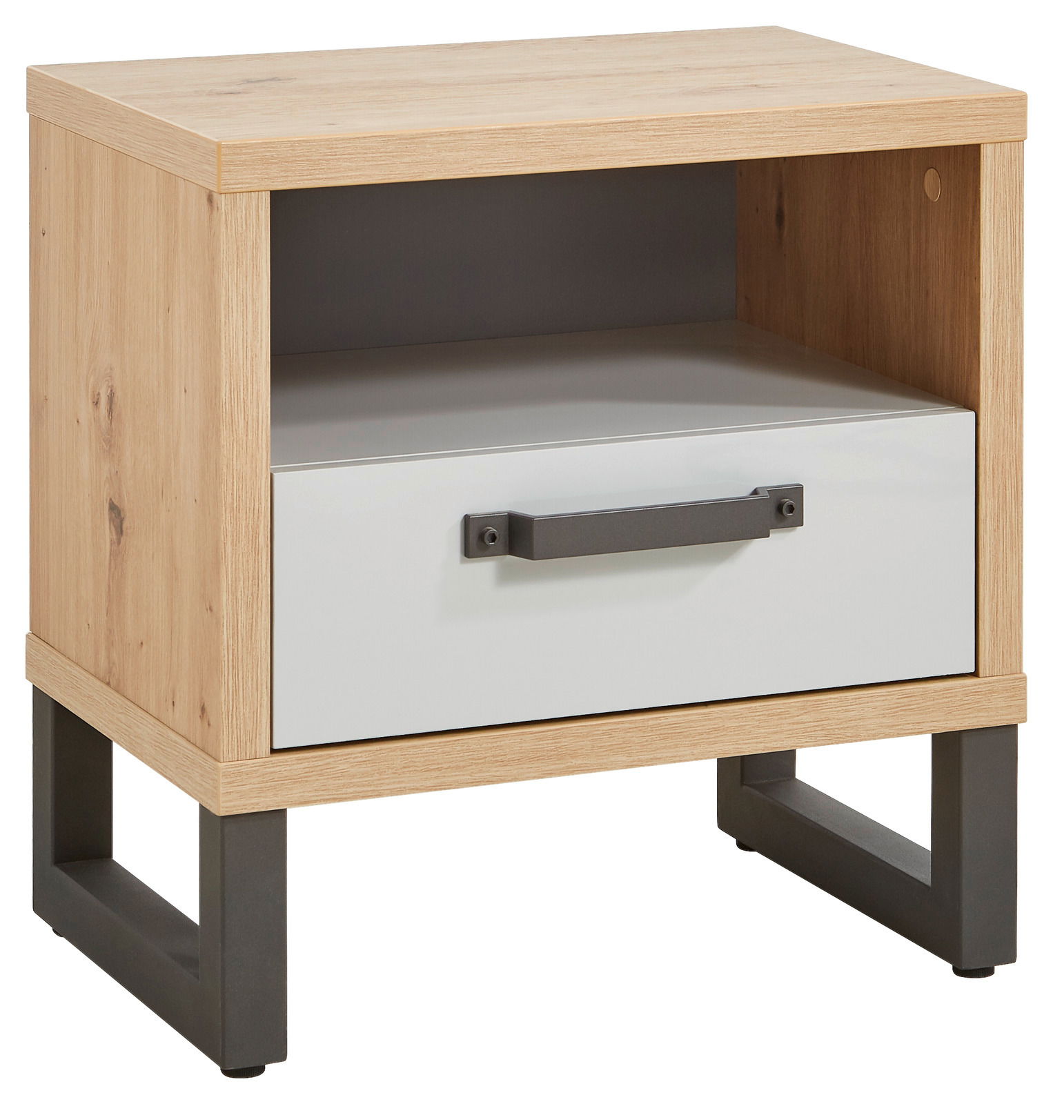 Nachtkonsole aus Holz mit einer Schublade und einem offenen Fach, seitliche Perspektive