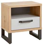 Nachtkonsole aus Holz mit einer Schublade und einem offenen Fach, seitliche Perspektive