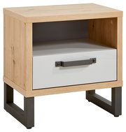 Nachtkonsole aus Holz mit einer Schublade und einem offenen Fach, seitliche Perspektive