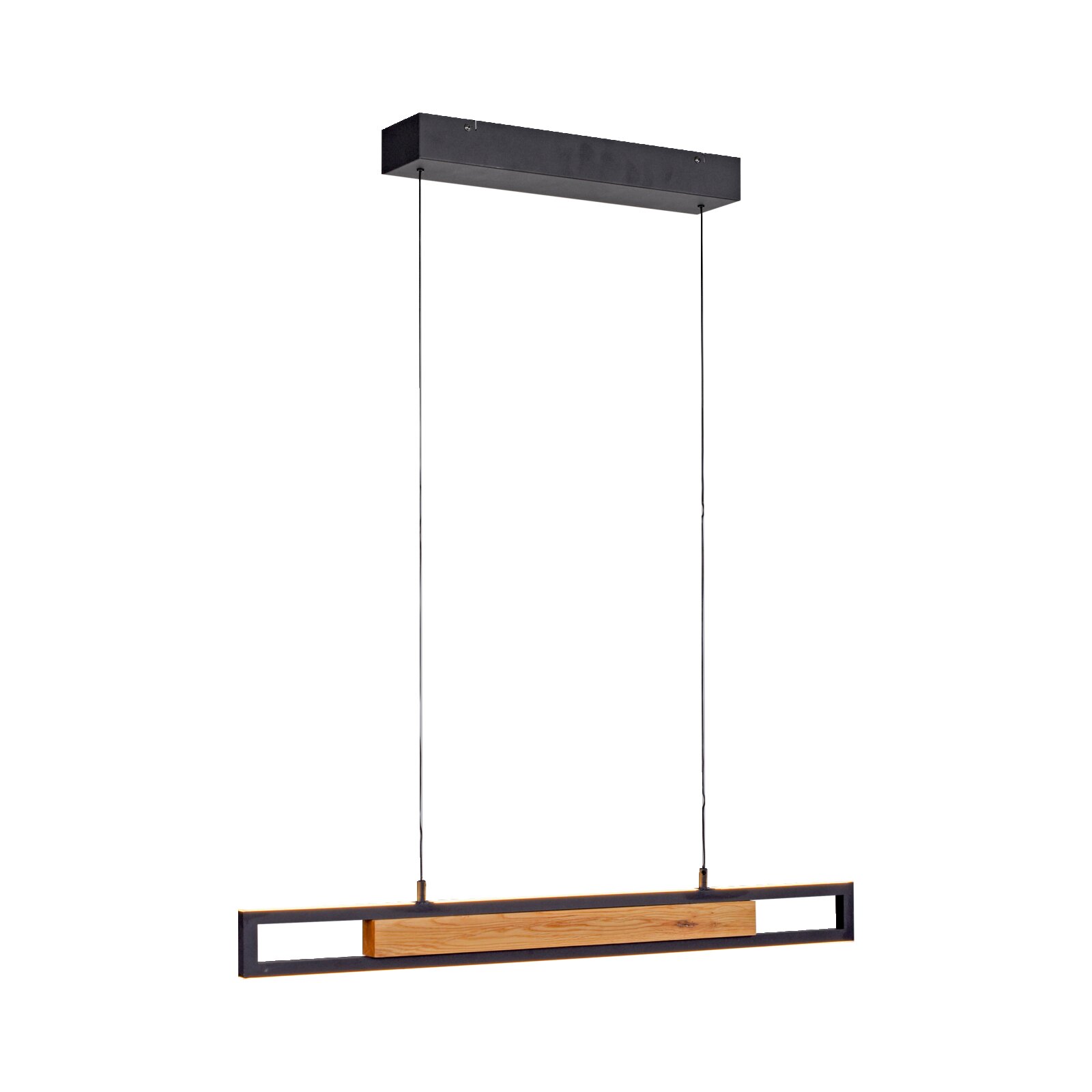Moderne lineaire hanglamp met zwart metalen frame, houten accent en warm LED-licht, schuin van voren en onderen gezien