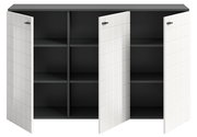 Frontansicht eines modernen Sideboards mit drei offenen Türen, schwarzem Innenraum und weißen, quadratisch gemusterten Türen.