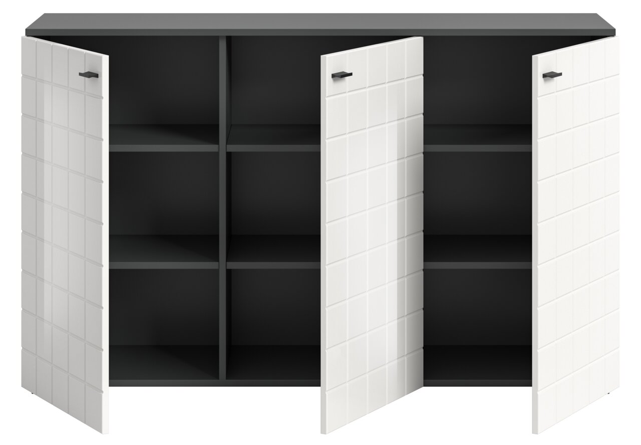 Frontansicht eines modernen Sideboards mit drei offenen Türen, schwarzem Innenraum und weißen, quadratisch gemusterten Türen.