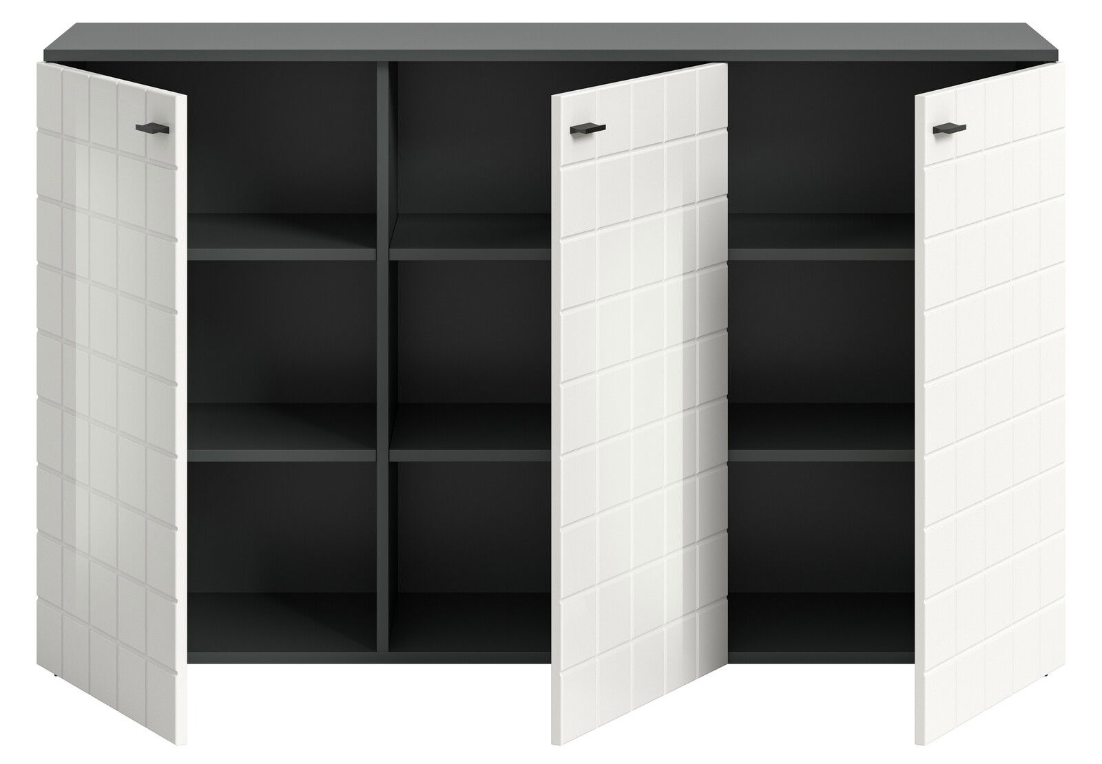 Frontansicht eines modernen Sideboards mit drei offenen Türen, schwarzem Innenraum und weißen, quadratisch gemusterten Türen.