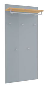 XL-Garderobenpaneel mit grauer Rückwand, mehreren Haken und einer oberen Ablage aus Holz, seitliche Perspektive