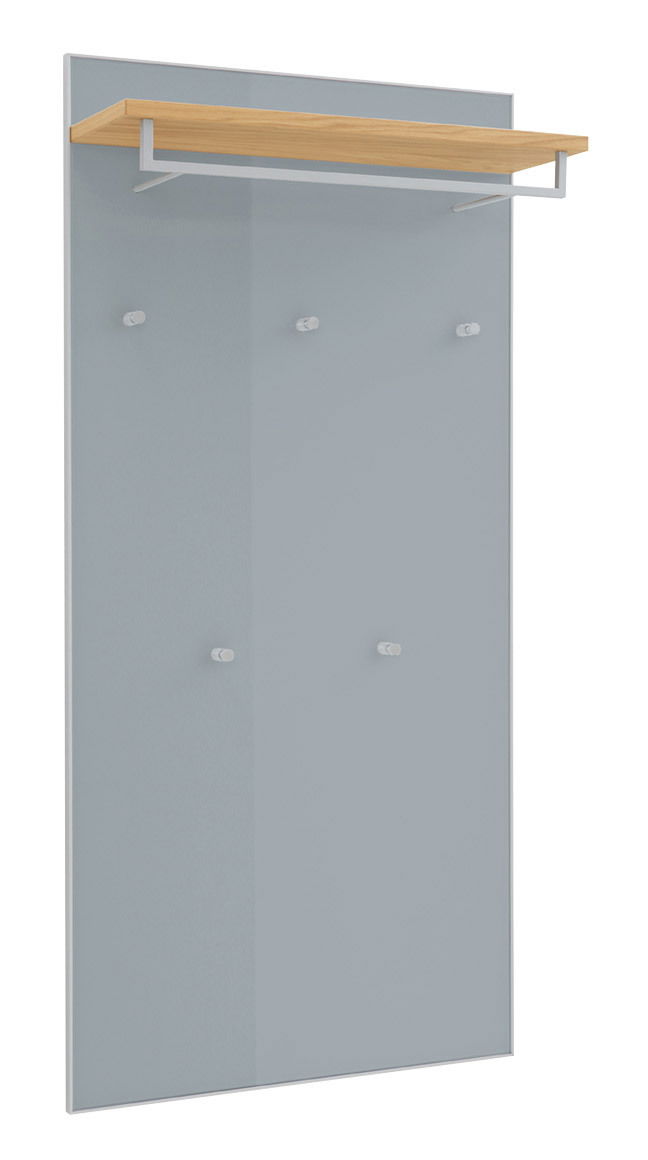 VOSS XL-Garderobenpaneel VORTINA XL-Garderobenpaneel mit grauer Rückwand, mehreren Haken und einer oberen Ablage aus Holz, seitliche Perspektive