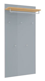 XL-Garderobenpaneel mit grauer Rückwand, mehreren Haken und einer oberen Ablage aus Holz, seitliche Perspektive