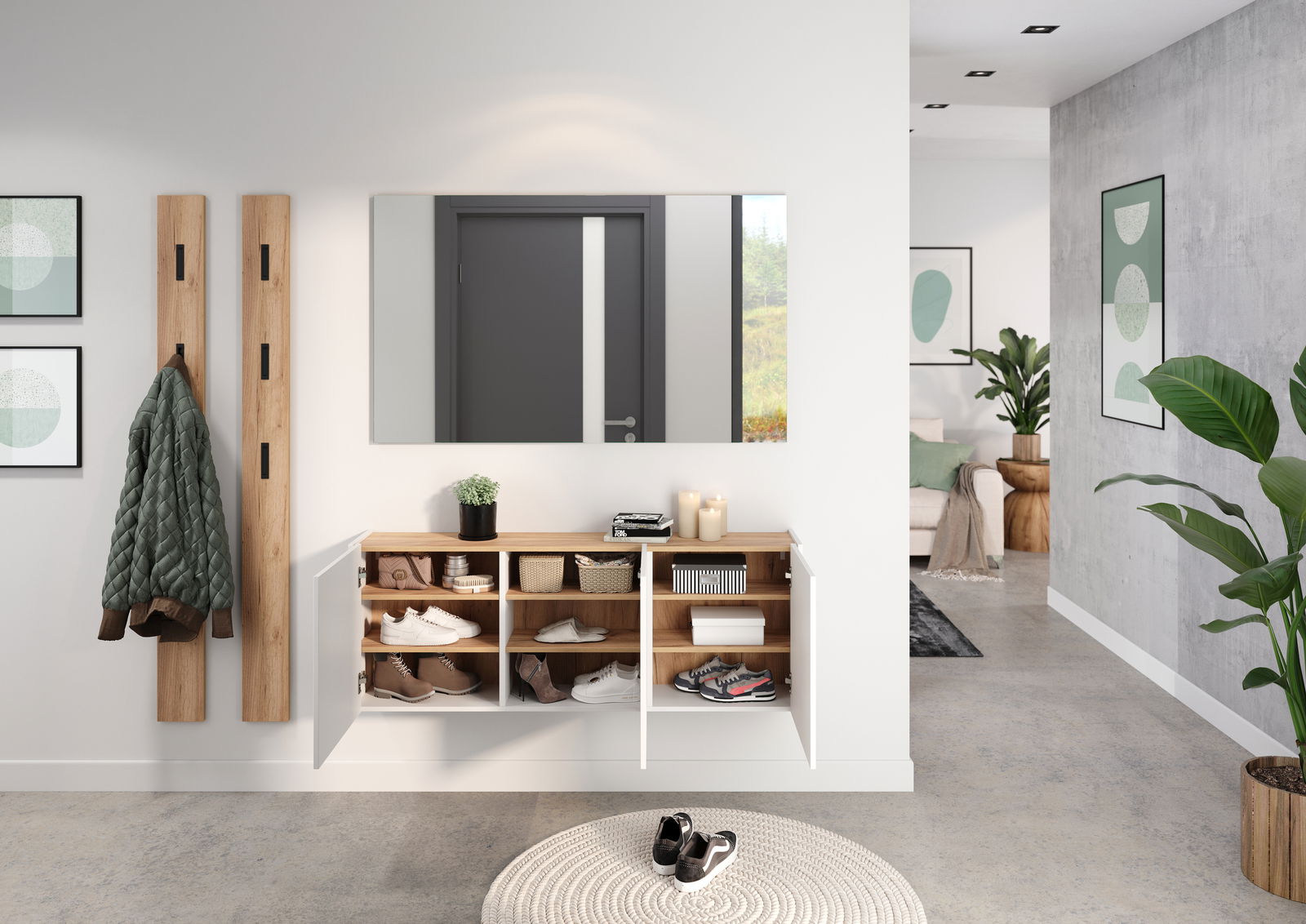 Un moderno armario multiusos en un pasillo, con puertas abiertas que revelan estantes con zapatos y cestas. Vista frontal.