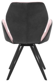 Rückansicht eines modernen Armlehnenstuhls mit schwarzem Bezug und rosa Akzenten, auf schwarzen Metallbeinen.