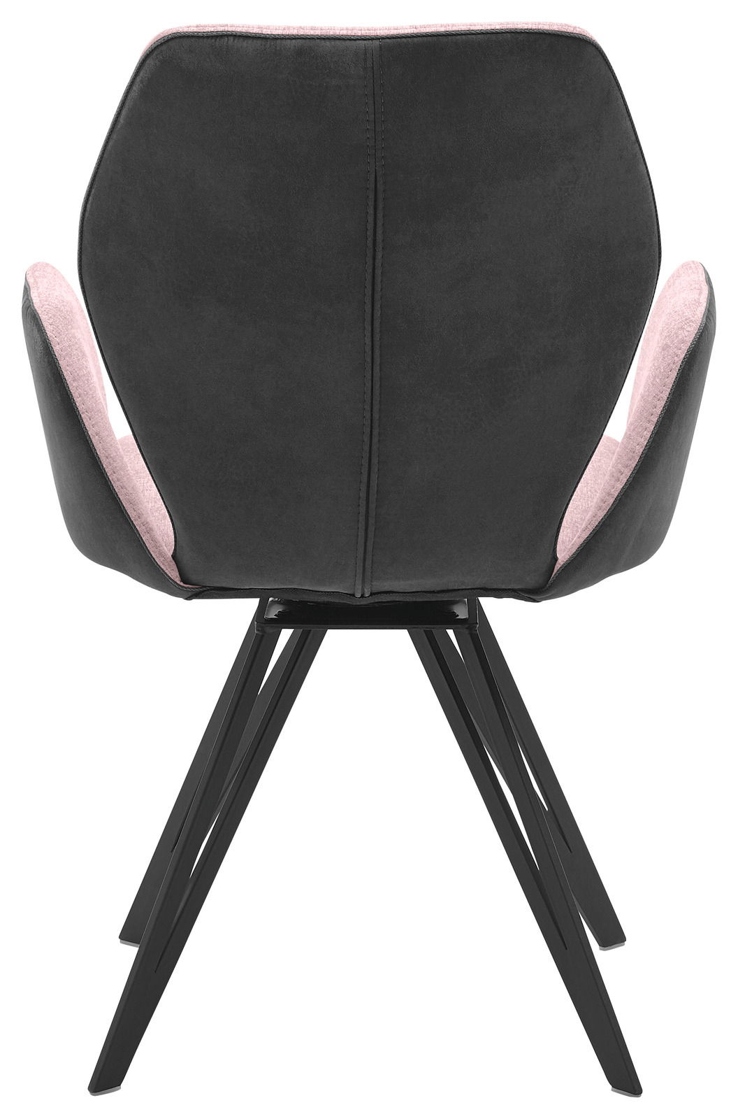 Rückansicht eines modernen Armlehnenstuhls mit schwarzem Bezug und rosa Akzenten, auf schwarzen Metallbeinen.