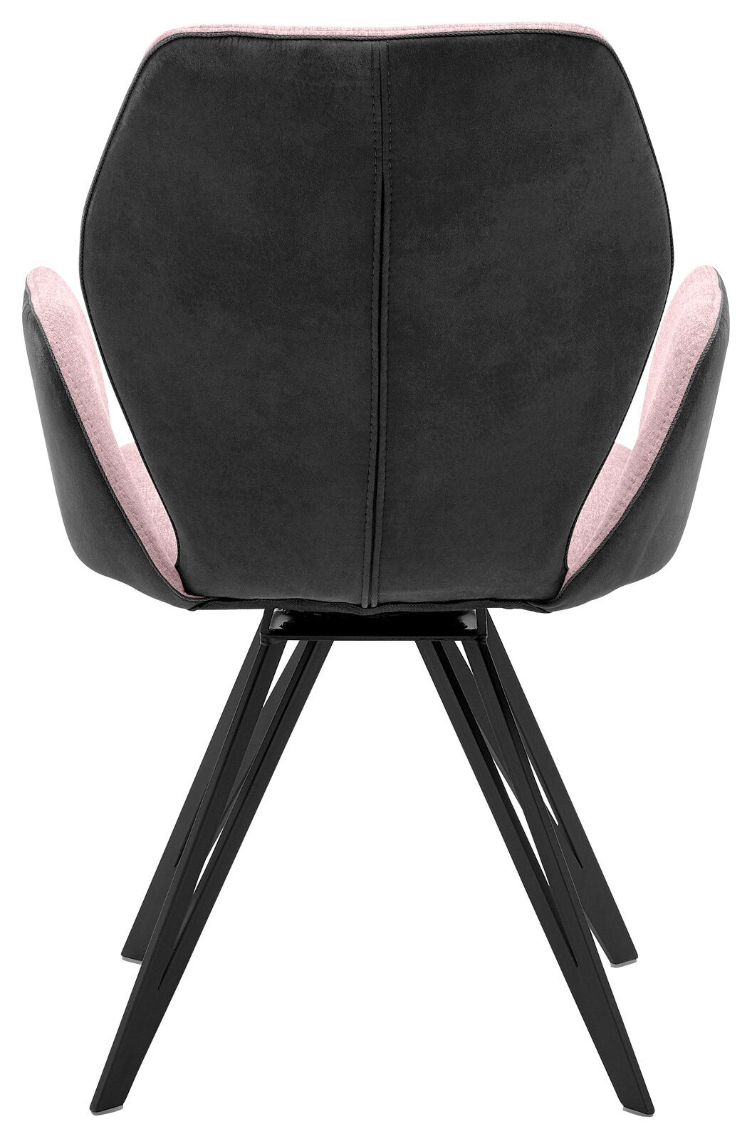 Rückansicht eines modernen Armlehnenstuhls mit schwarzem Bezug und rosa Akzenten, auf schwarzen Metallbeinen.