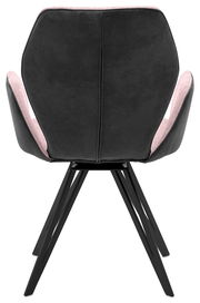 Rückansicht eines modernen Armlehnenstuhls mit schwarzem Bezug und rosa Akzenten, auf schwarzen Metallbeinen.