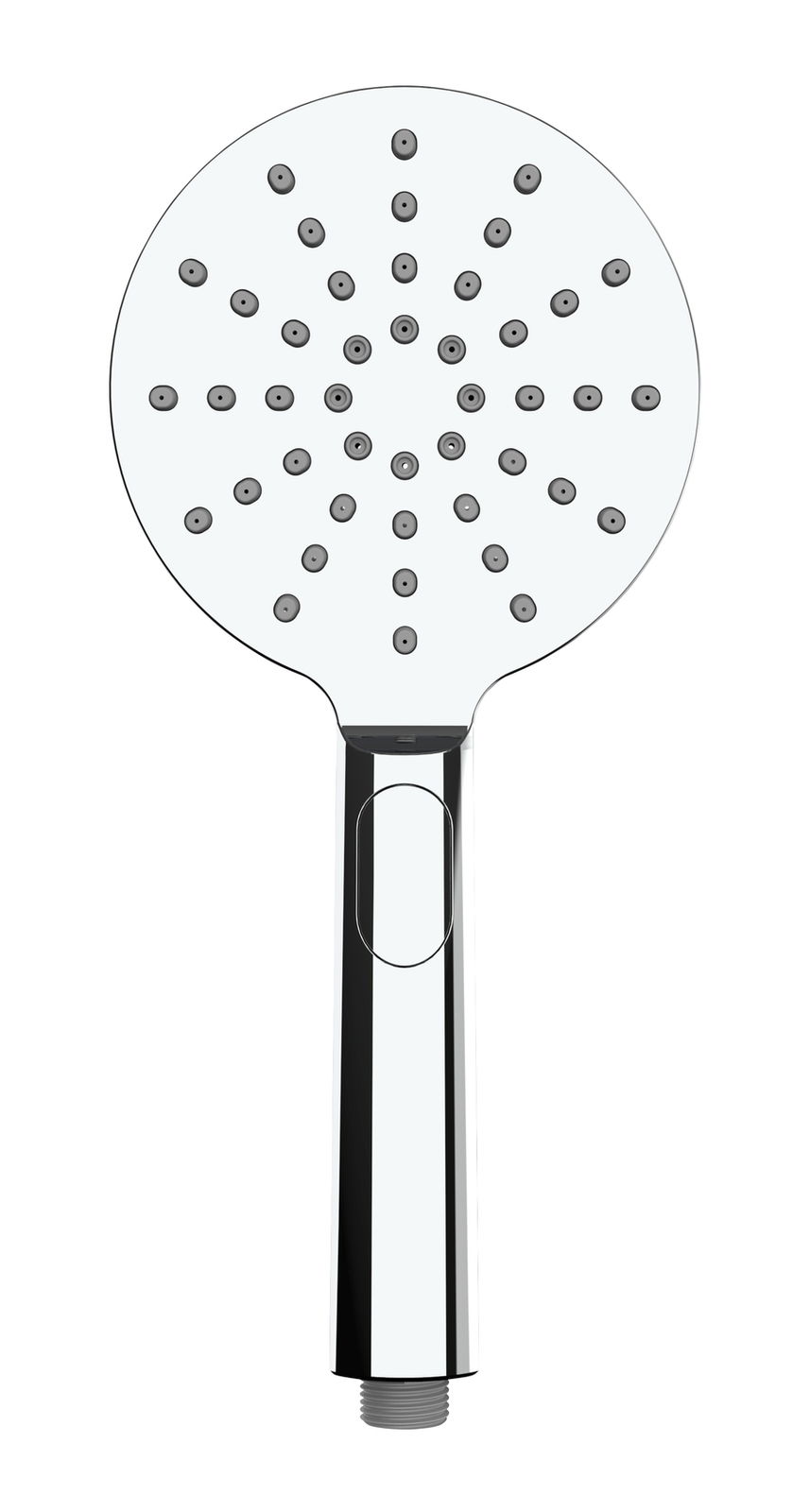 Moderner Duschkopf in Frontalansicht mit runder Sprühfläche und verchromtem Griff.