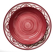 Blick von oben auf ein burgunderfarbenes Tellerset mit dekorativem Muster, bestehend aus einem großen und einem kleinen Teller.