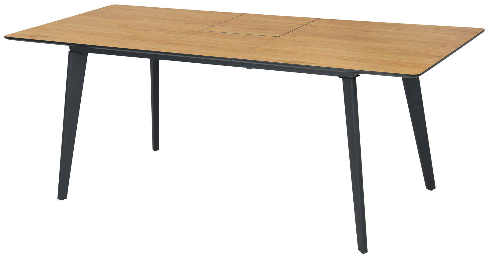 Moderner Esstisch mit Holzplatte und schwarzen Metallbeinen, seitliche Perspektive