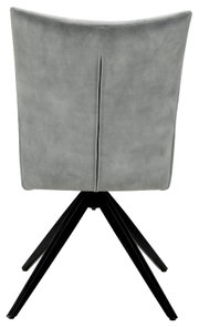 Achterkant van een moderne grijze stoel met een zwart metalen frame