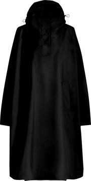 Schwarzer, langer Regenponcho mit Kapuze, hohem Kragen, Druckknopf-Leiste und seitlichen Eingrifftaschen, Produktansicht von vorne