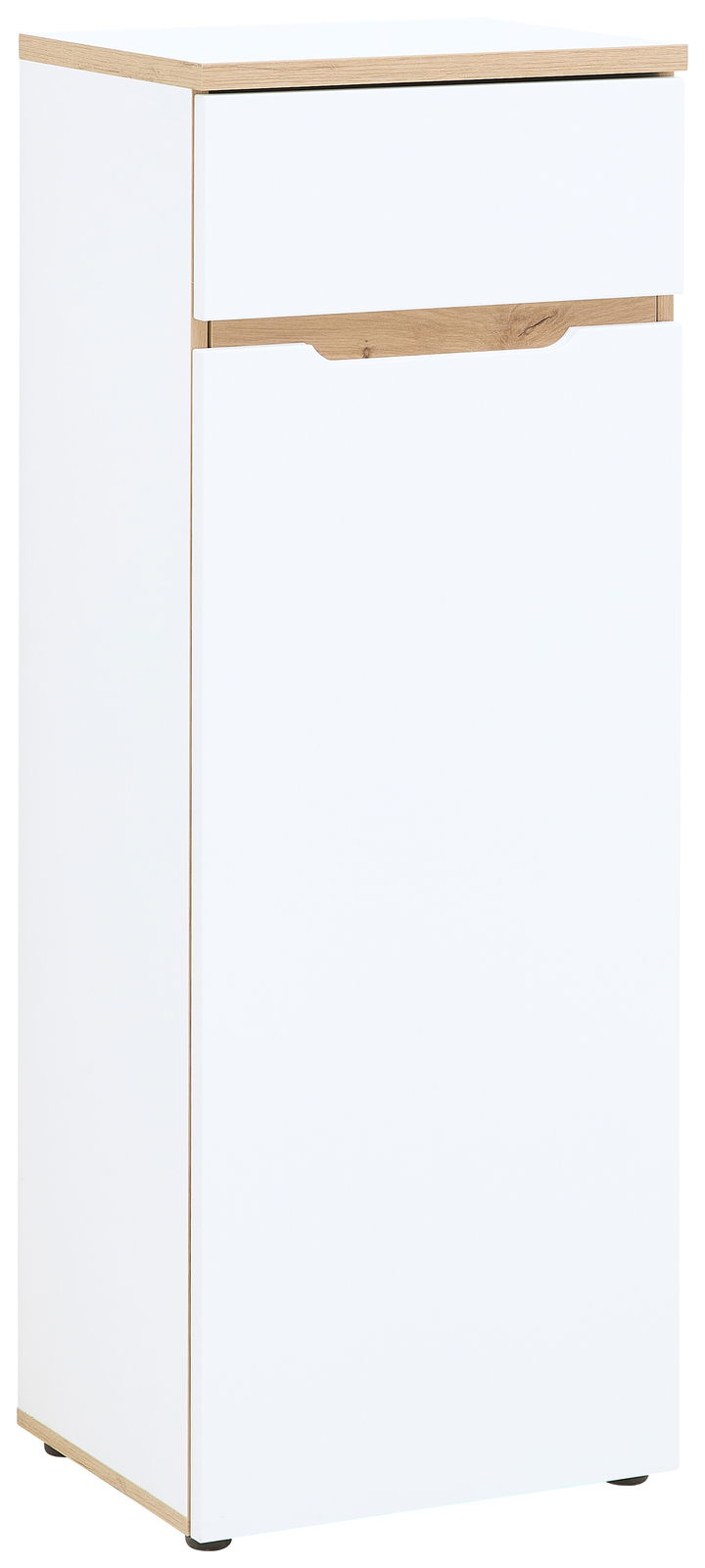 Voleo Aktenschrank niedrig/schmal DETROIT Weißer, schmaler Aktenschrank mit Holzdetails, seitliche Perspektive