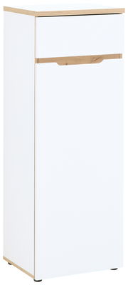 Weißer, schmaler Aktenschrank mit Holzdetails, seitliche Perspektive