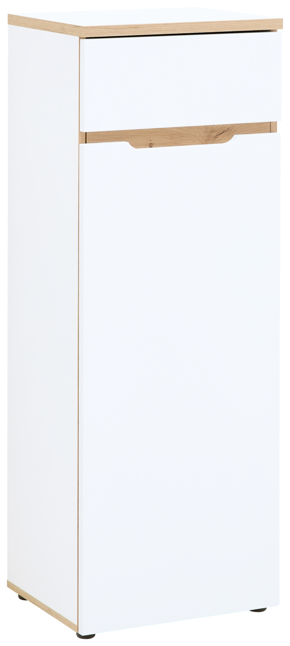 Voleo Aktenschrank niedrig/schmal DETROIT Weißer, schmaler Aktenschrank mit Holzdetails, seitliche Perspektive