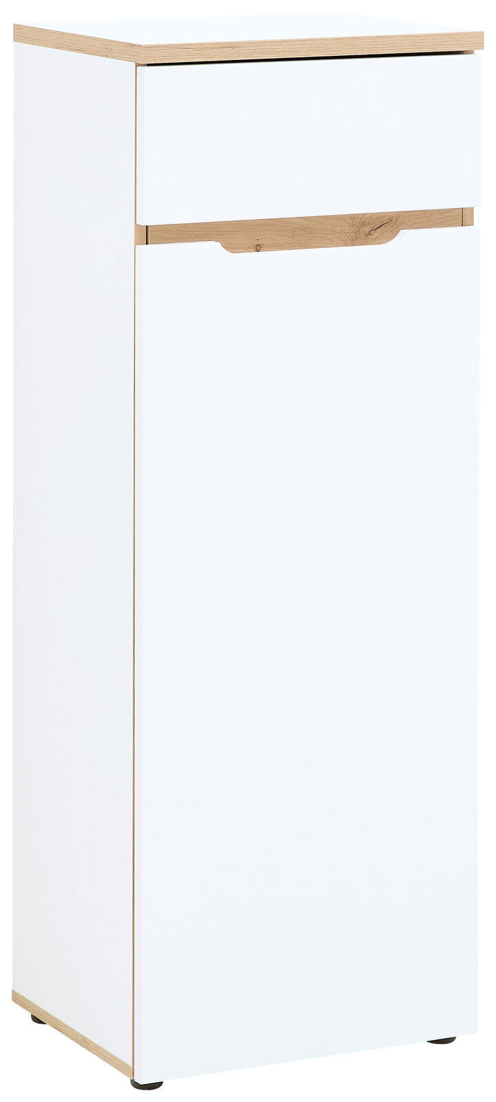 Voleo Aktenschrank niedrig/schmal DETROIT Weißer, schmaler Aktenschrank mit Holzdetails, seitliche Perspektive