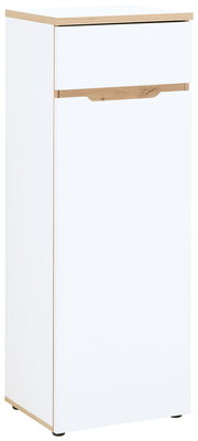 Weißer, schmaler Aktenschrank mit Holzdetails, seitliche Perspektive