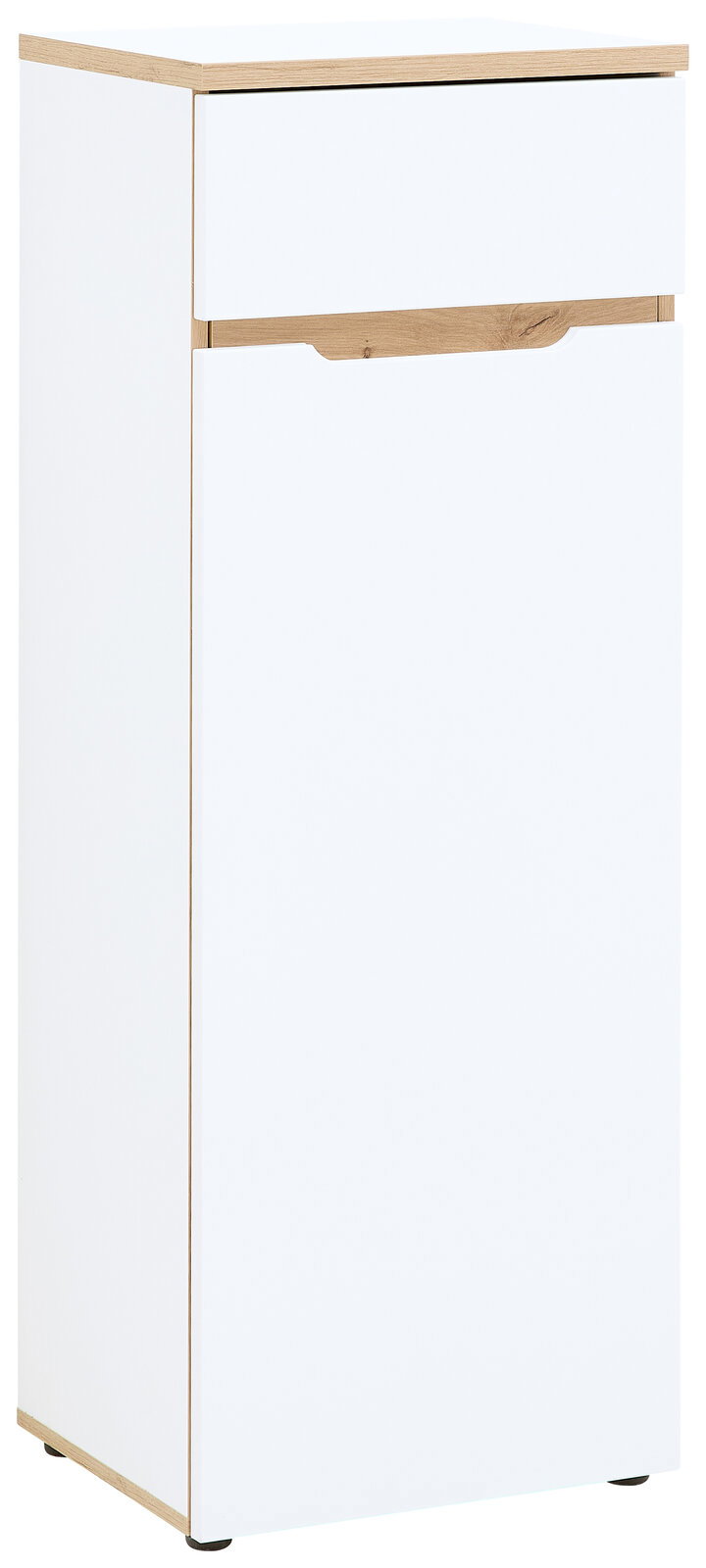 Weißer, schmaler Aktenschrank mit Holzdetails, seitliche Perspektive