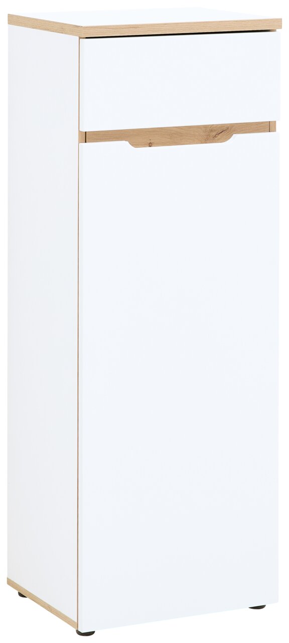 Voleo Aktenschrank niedrig/schmal DETROIT Weißer, schmaler Aktenschrank mit Holzdetails, seitliche Perspektive