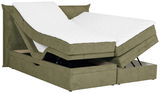 Boxspringbett in Olivgrün mit verstellbaren Matratzen und Stauraum, seitliche Perspektive