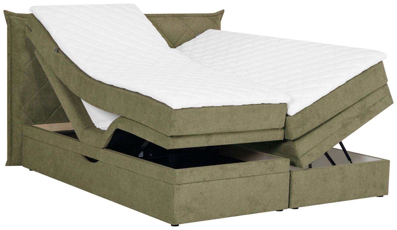 Boxspringbett in Olivgrün mit verstellbaren Matratzen und Stauraum, seitliche Perspektive