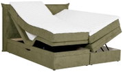 Boxspringbett in Olivgrün mit verstellbaren Matratzen und Stauraum, seitliche Perspektive